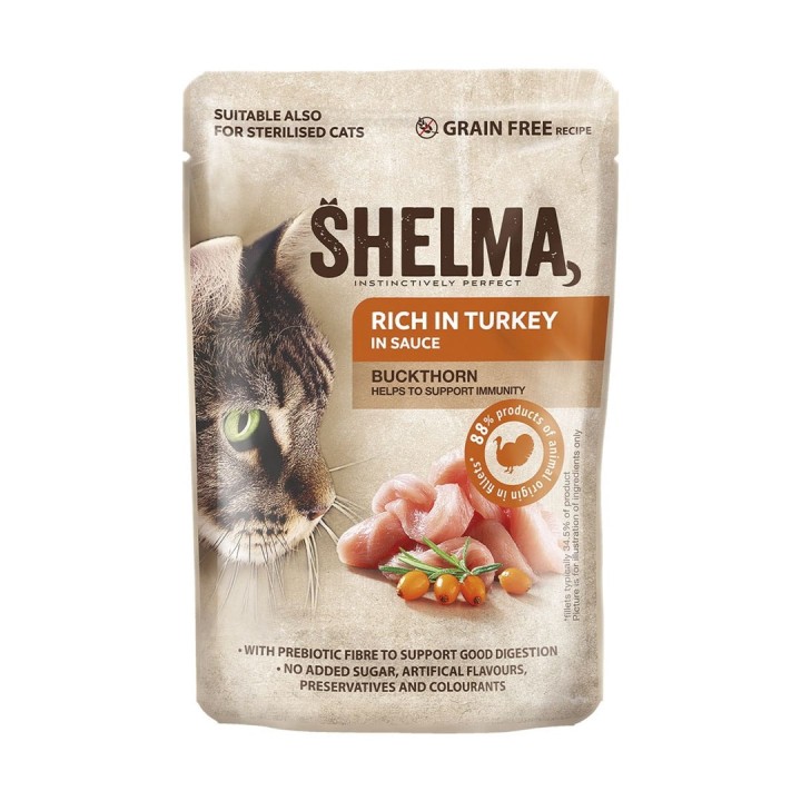 SHELMA Ricco di pollo tacchino manzo e anatra - cibo umido per gatti - 4x85g