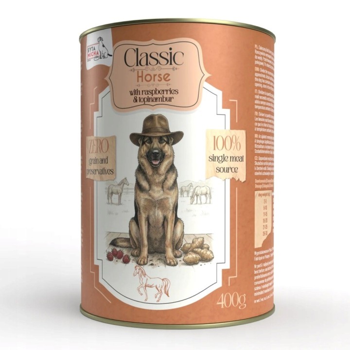 SYTA MICHA Classic Mono Cavallo con lamponi e topinambur - cibo umido per cani - 400g