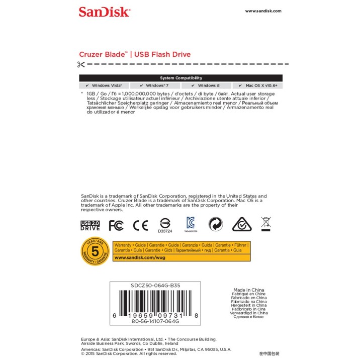 SanDisk Cruzer Blade USB chiavetta flash 64 GB USB Type-A 2.0 nero rosso