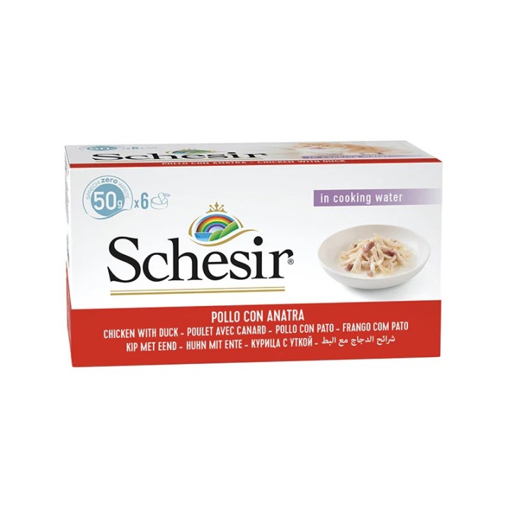 SCHESIR Filetti di pollo con anatra in brodo - cibo umido per gatti - 6x50g