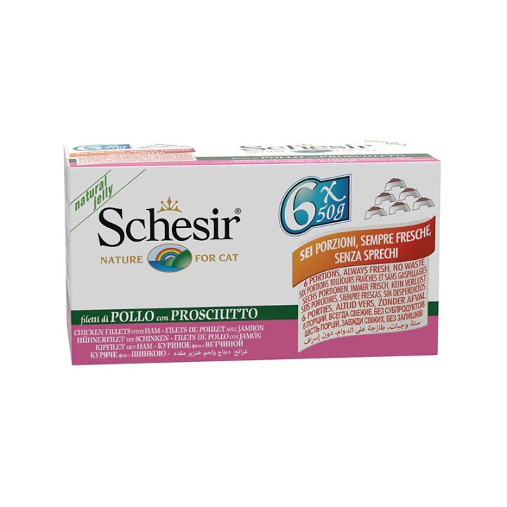 SCHESIR Filetti di pollo con prosciutto in gelatina - cibo umido per gatti - 6x50g