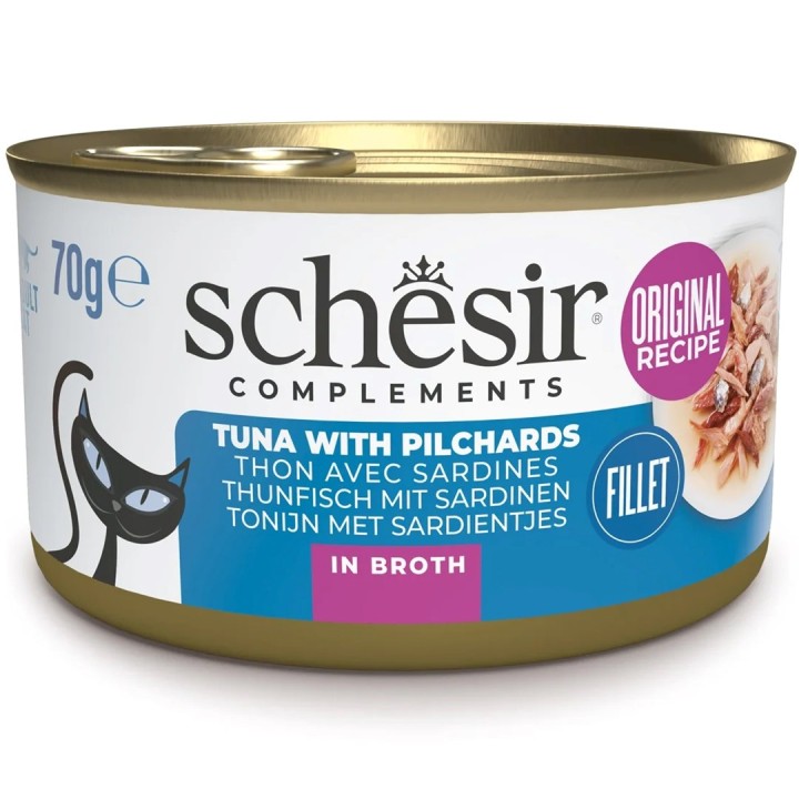 SCHESIR in brodo di cottura Tonno con sardine - cibo umido per gatti - 70 g