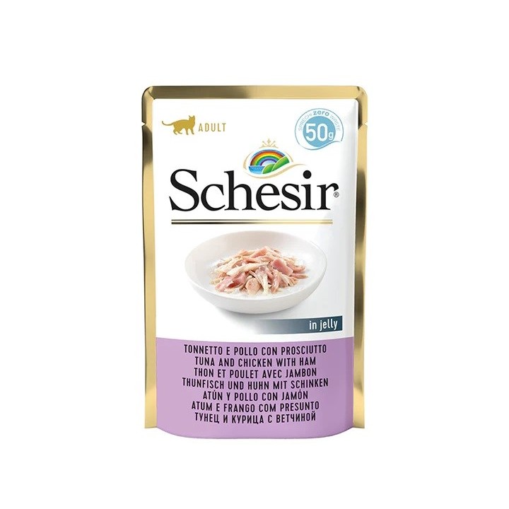 SCHESIR in gelatina Tonno e pollo con prosciutto - cibo umido per gatti - 50 g