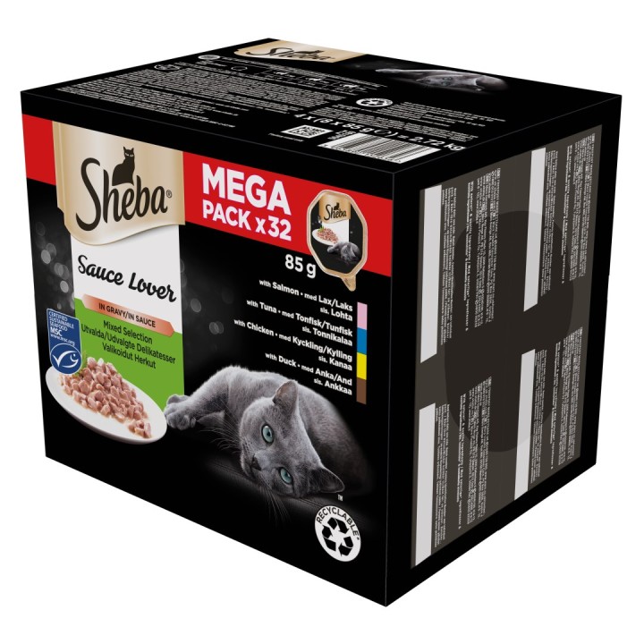 SHEBA Sauce Lover anatra pollo salmone tonno - cibo umido per gatti – 32 x 85g