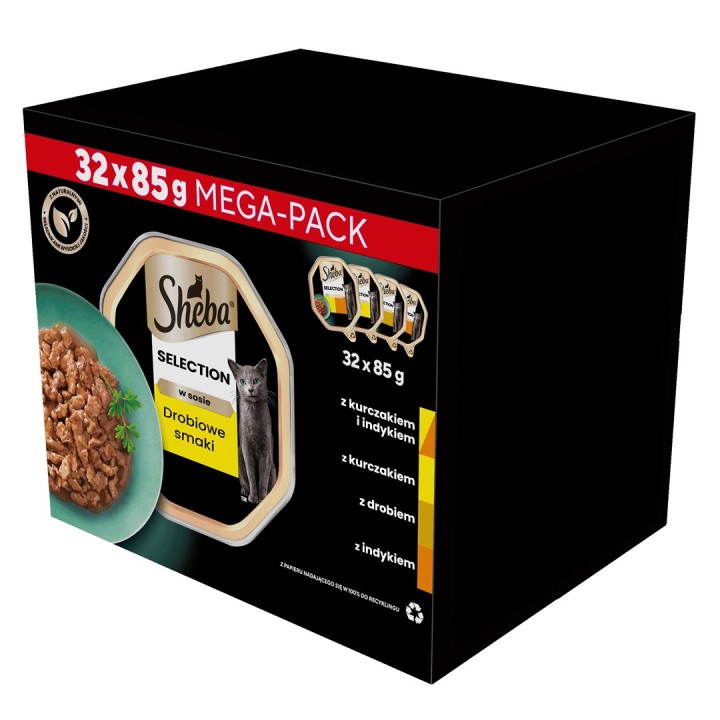 SHEBA vassoio salsa pollame/pollo/tacchino - cibo umido per gatti - 32x85 g