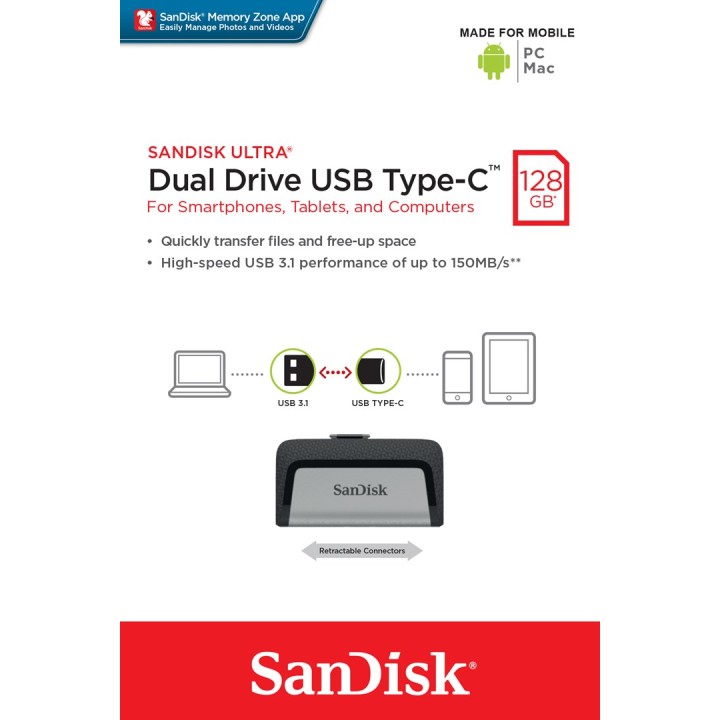 Sandisk Ultra Dual Drive USB Type-C USB chiavetta flash 128 GB USB Type-A / USB Type-C 3.2 Gen 1 (3.1 Gen 1) nero argento