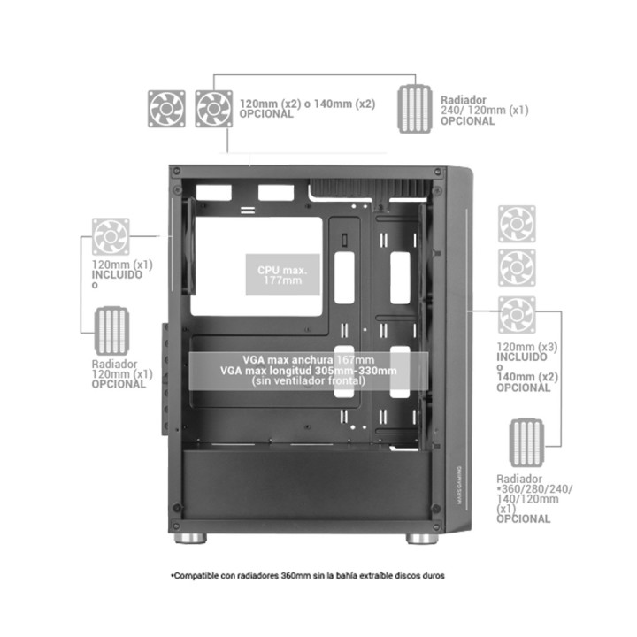Mars Gaming MC-F nero case ATX gaming semitower finestra in vetro temperato frontale metal-mesh 4x 120mm ventole ARGB