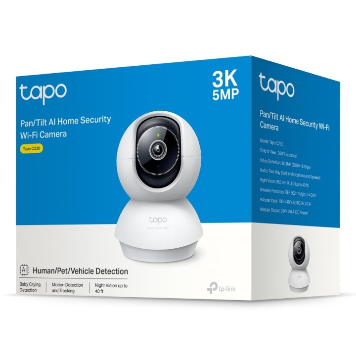 TP-Link Tapo telecamera di sicurezza domestica pan/tilt AI Wi-Fi SPEC: 3K 5MP (2880×1620) 2.4 GHz orizzontale 360o