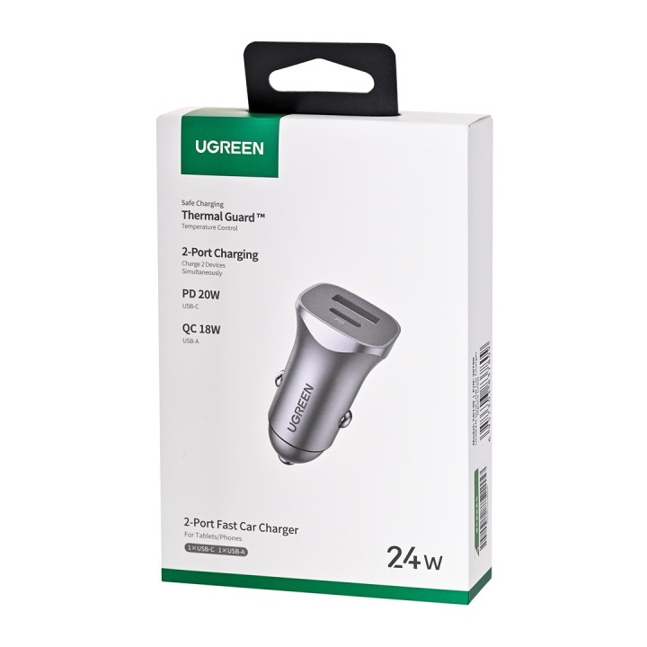 Ugreen USB Type-C / USB 24W Power Delivery Quick Charge caricabatterie da auto grigio (30780)