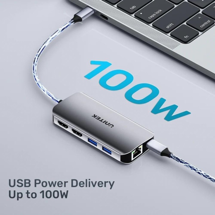 UNITEK HUB ATTIVO USB-C 2X HDMI 4K RJ45 PD 100W