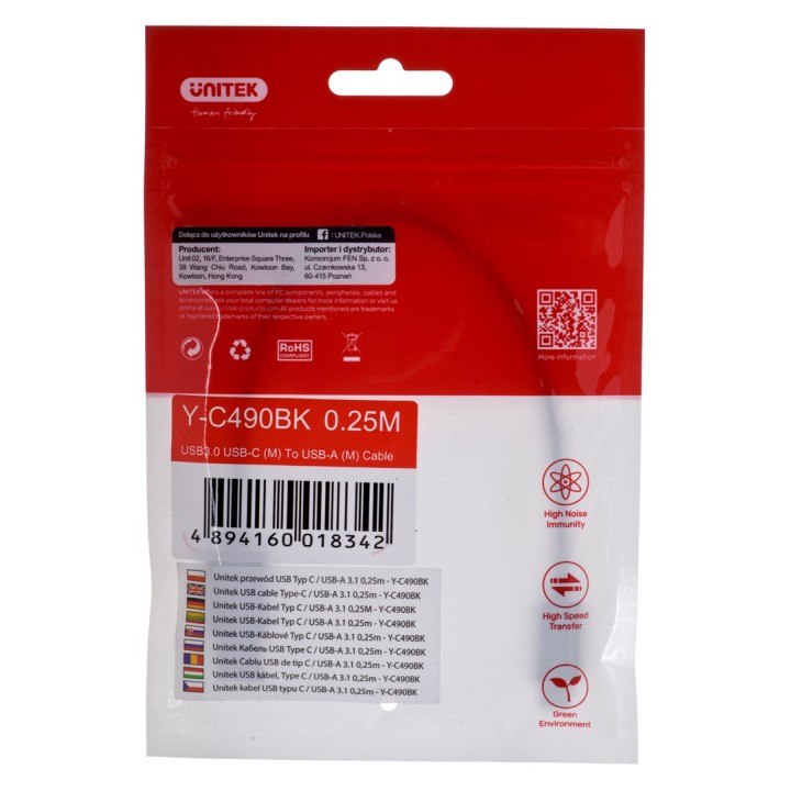 UNITEK CAVO USB-C - USB-A 3.1 M/M 0.25M Y-C490BK