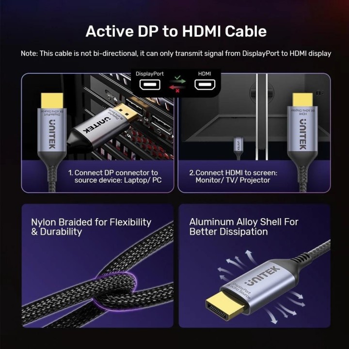 UNITEK CAVO DISPLAYPORT 1.4 A HDMI 2.1 8K 1.8M
