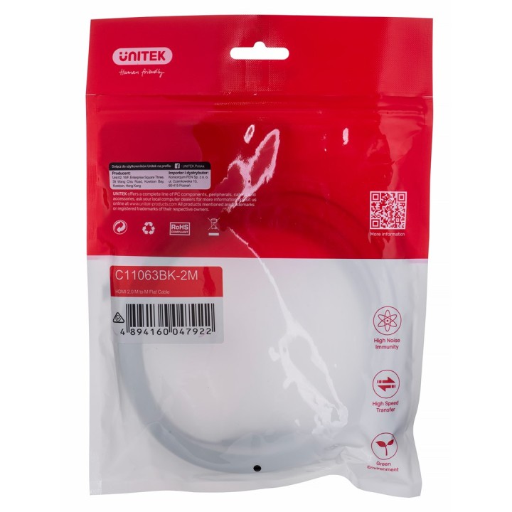 UNITEK HDMI CAVO 2.0 4K60HZ PIATTO 2M C11063BK-2M