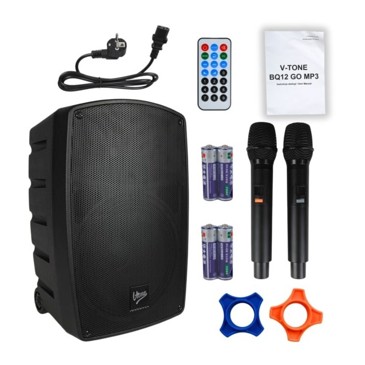 V-TONE BQ12 GO MP3 - altoparlante attivo 8 alimentato a batterie con microfono wireless e telecomando nero