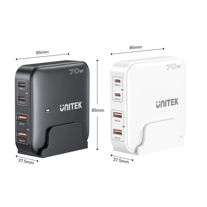 GaN caricabatterie di rete - Unitek P1228AWH01-EU | 70W 2x USB-C 2x USB-A