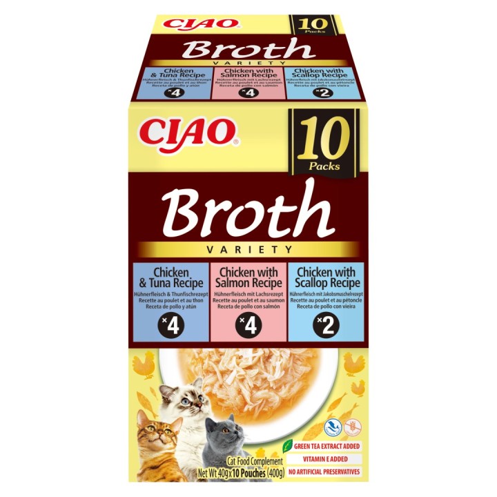 INABA Ciao Brodo con pollo salmone tonno e capasanta - snack per gatti - 10x40g