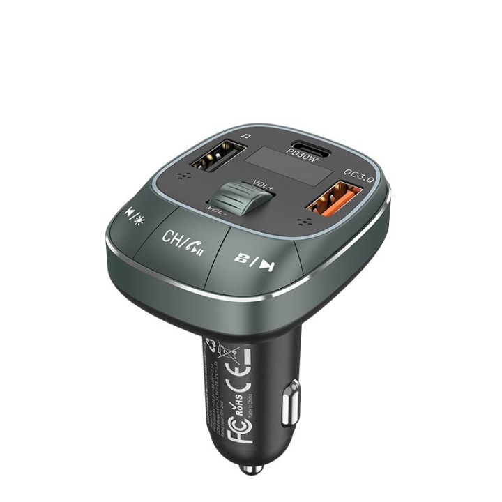 Vention Caricabatterie auto 3 porte USB (C + A + A) con trasmettitore FM (30W/18W/5W) nero tipo ABS
