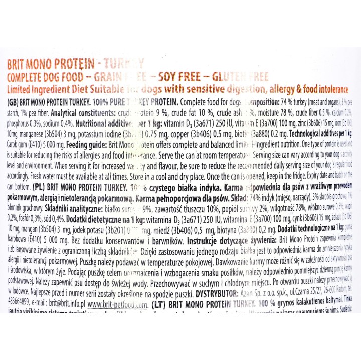 BRIT Mono Protein tacchino - cibo umido per cani - 400 g
