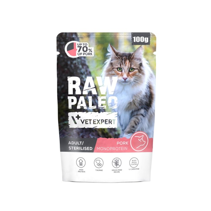 VETEXPERT Raw Paleo Adult Sterilised Maiale - cibo umido per gatti - 100g