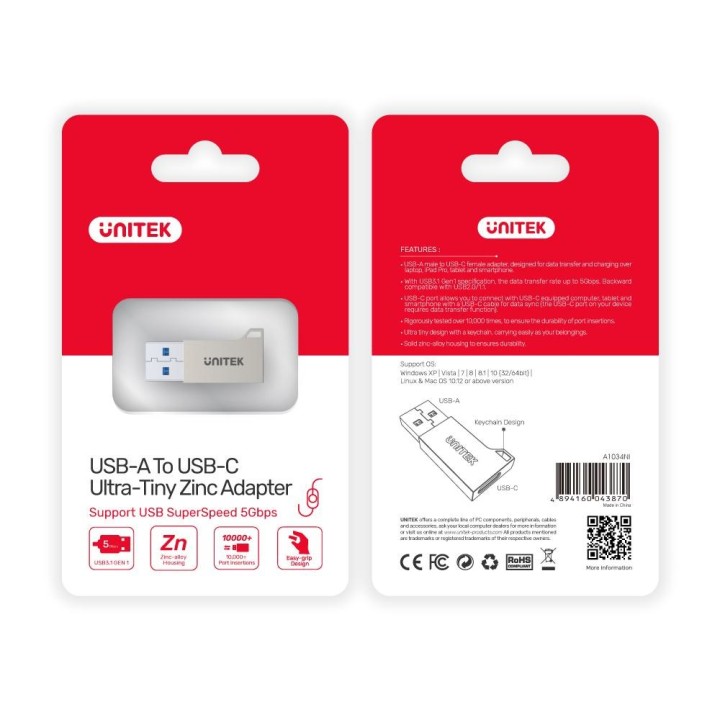 UNITEK USB-A TO USB-C 3.1 GEN1 ADATTATORE A1034NI