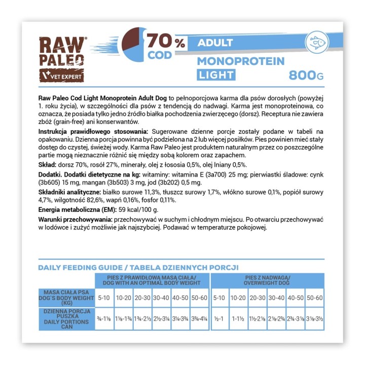 VETEXPERT Raw Paleo Cod Light Monoprotein - cibo umido per cani - 800g
