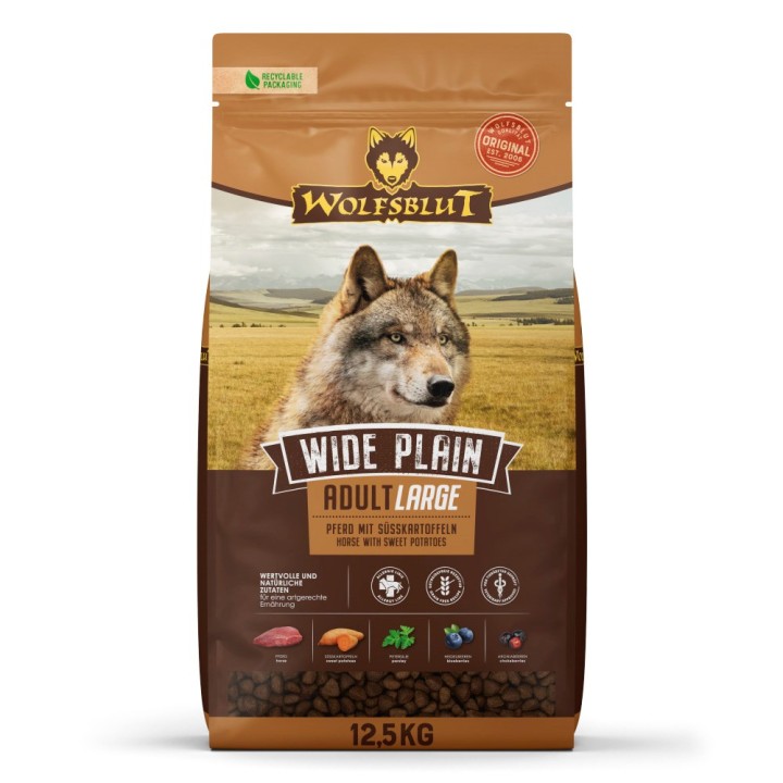 WOLFSBLUT Wide Plain Large Breed cavallo con patate dolci - cibo secco per cani - 12 5kg
