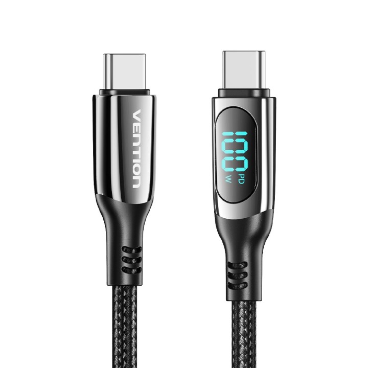 Vention Cavo intrecciato in cotone USB 2.0 C maschio a C maschio 5A con display LED 1.2M nero tipo lega di zinco