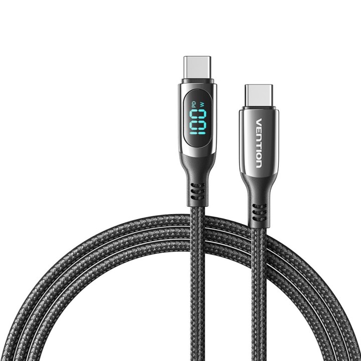 Vention Cavo intrecciato in cotone USB 2.0 C maschio a C maschio 5A con display LED 1.2M nero tipo lega di zinco