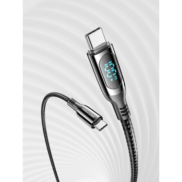Vention Cavo intrecciato in cotone USB 2.0 C maschio a C maschio 5A con display LED 1.2M nero tipo lega di zinco