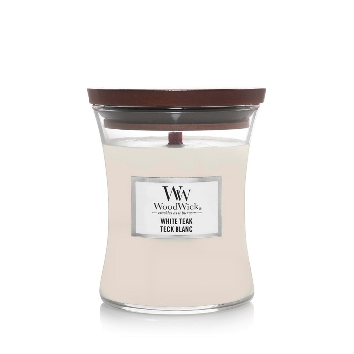 WoodWick Candela di cera Teak bianco Cilindro Legno di cedro Legno di quercia Muschio di quercia Sandalo 1 pz