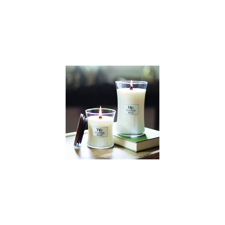 WoodWick Candela di cera Teak bianco Cilindro Legno di cedro Legno di quercia Muschio di quercia Sandalo 1 pz