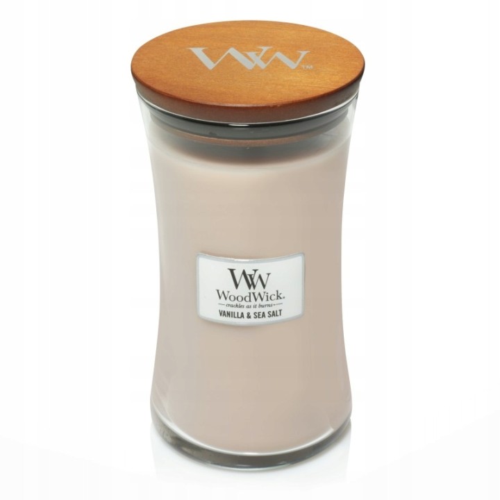Candela profumata grande WOODWICK vaniglia e sale marino con stoppino in legno 1 pezzo