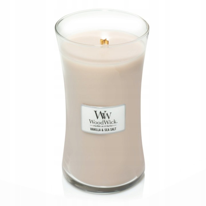 Candela profumata grande WOODWICK vaniglia e sale marino con stoppino in legno 1 pezzo