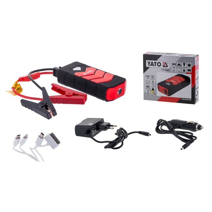 Avviatore di emergenza per auto YATO YT-83081 power bank per auto 9000 mAh 9000 mAh nero arancione