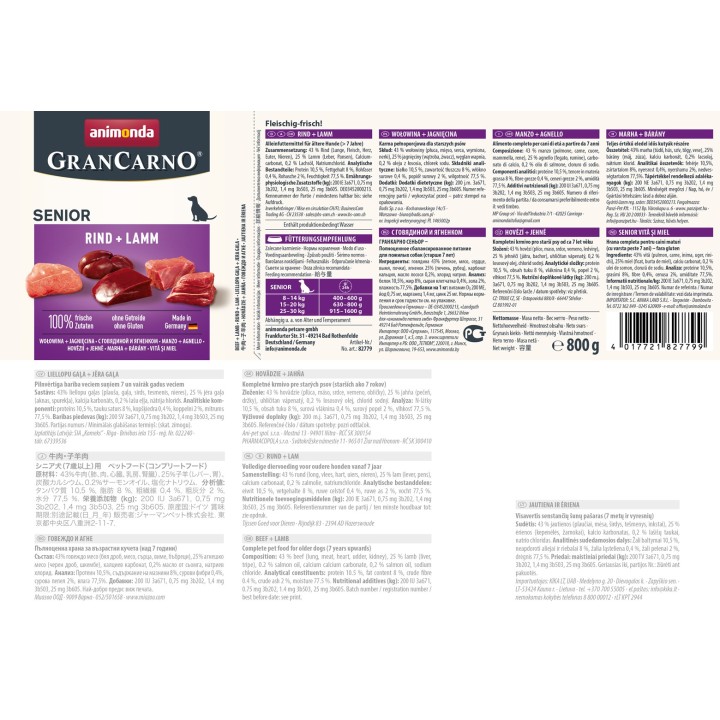 ANIMONDA GranCarno Senior Manzo e agnello - cibo umido per cani - 800g