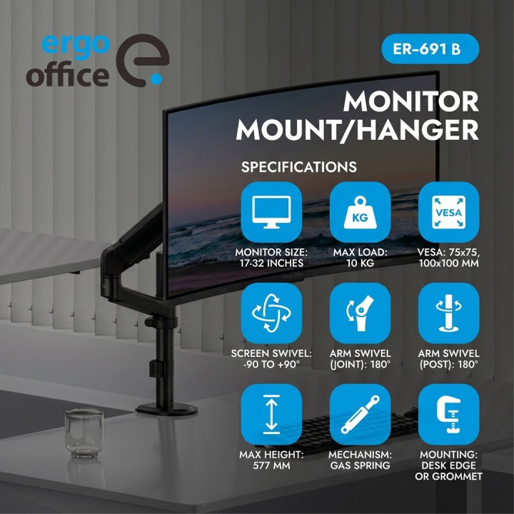 Ergo Office Supporto / staffa monitor a molla a gas 17 -32 1-10 kg nero opaco max VESA 100x100 ER-691 B