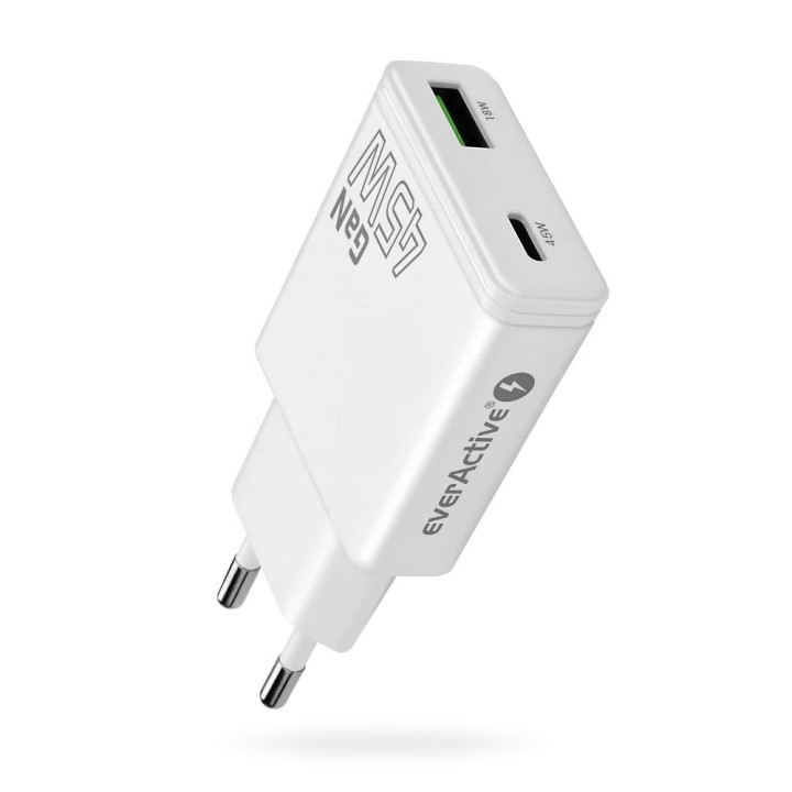 Caricabatterie GaN 1x USB-C 1x USB Quick Charge 3.0 45W PD bianco