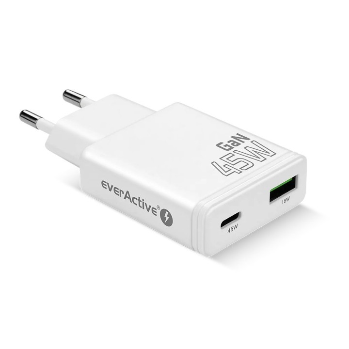 Caricabatterie GaN 1x USB-C 1x USB Quick Charge 3.0 45W PD bianco