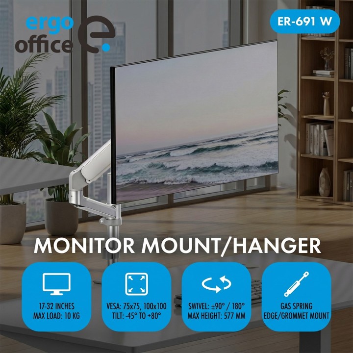 Ergo Office Supporto / staffa monitor a molla a gas 17 -32 1-10 kg bianco opaco max VESA 100x100 ER-691 W