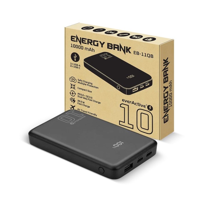 Powerbank 10 000mAh 1x USB 2x USB-C 20W QC4+ LCD screen nero