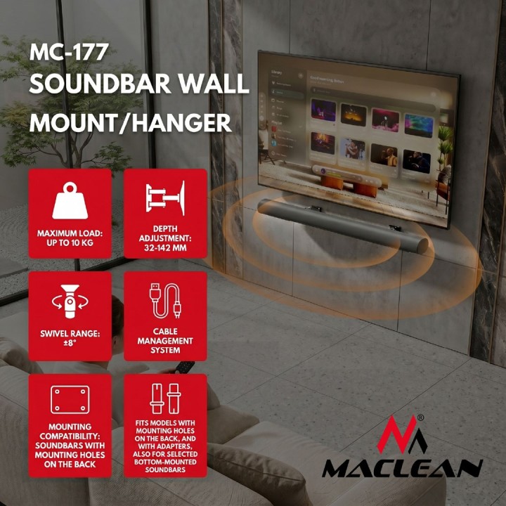 Maclean Supporto / staffa per soundbar a parete regolazione angolo +8°–8° carico massimo 10 kg in acciaio MC-177