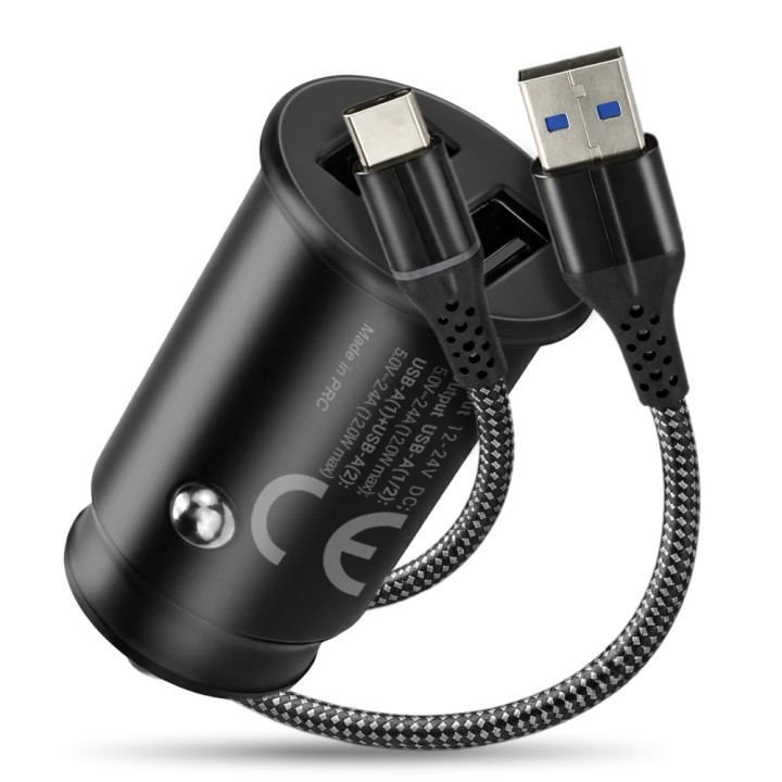 Caricabatterie auto 2 X USB 12W nero + cavo USB-C 1m