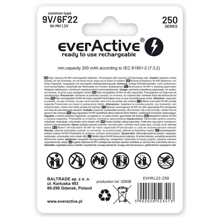 Batterie ricaricabili everActive Ni-MH 6F22 9V 250 mAh Silver Line