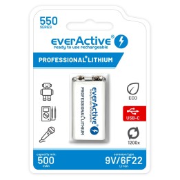 Batteria ricaricabile everActive 6F22/9V Li-ion 550 mAh con USB TYPE C