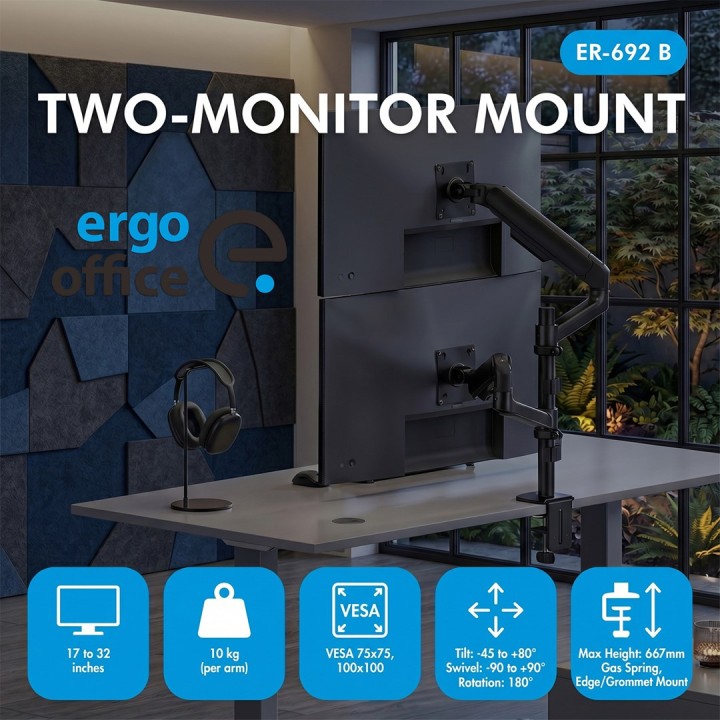 Ergo Office Supporto / staffa per 2 monitor a molla a gas 17 -32 1-10 kg nero opaco ER-692 B