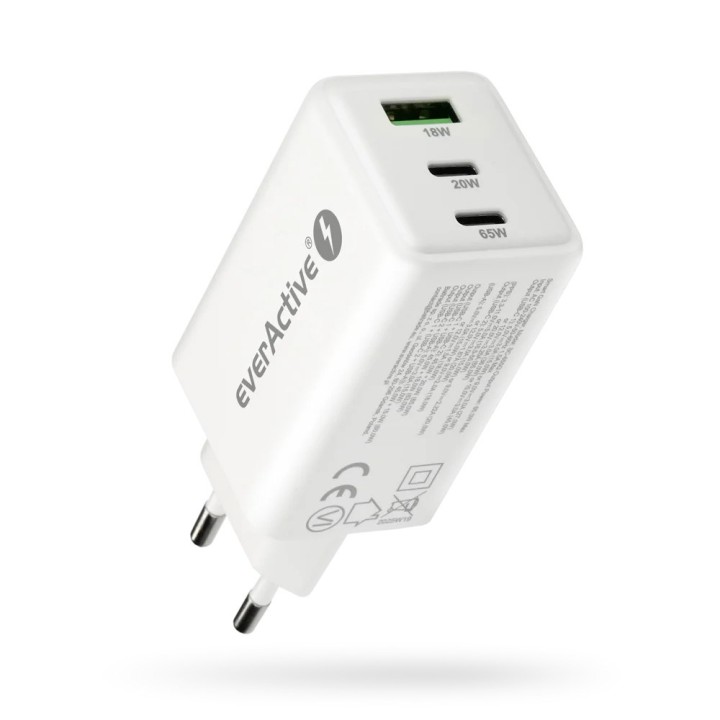 Caricabatterie GaN 1 x USB 2 x USB-C Quick Charge 4+ 65W bianco