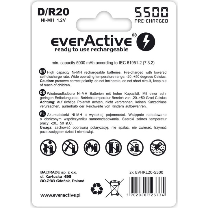 Batterie ricaricabili everActive R20/D Ni-MH 5500 mAh pronte all'uso