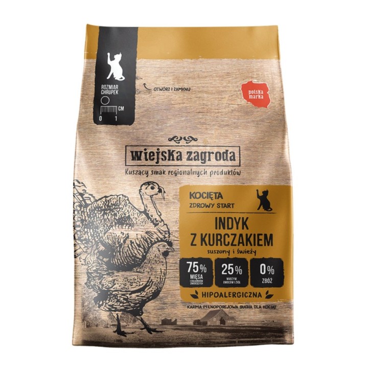 WIEJSKA ZAGRODA Gattini Tacchino con pollo - cibo secco per gatti - 400g