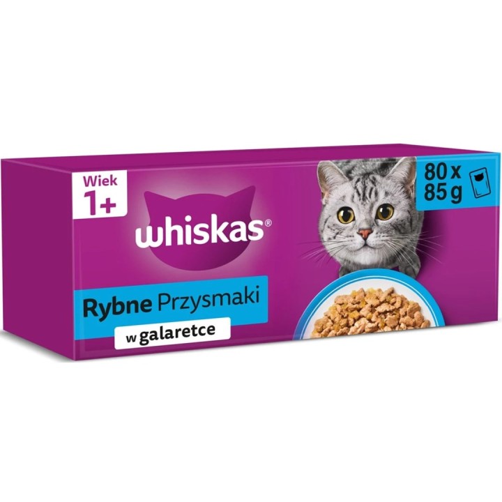 WHISKAS Prelibatezze di pesce in gelatina – cibo umido per gatti – 80x85g