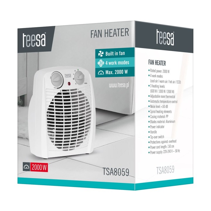 Teesa TSA8059 Riscaldatore elettrico per interni bianco 2000 W Riscaldatore elettrico con ventola